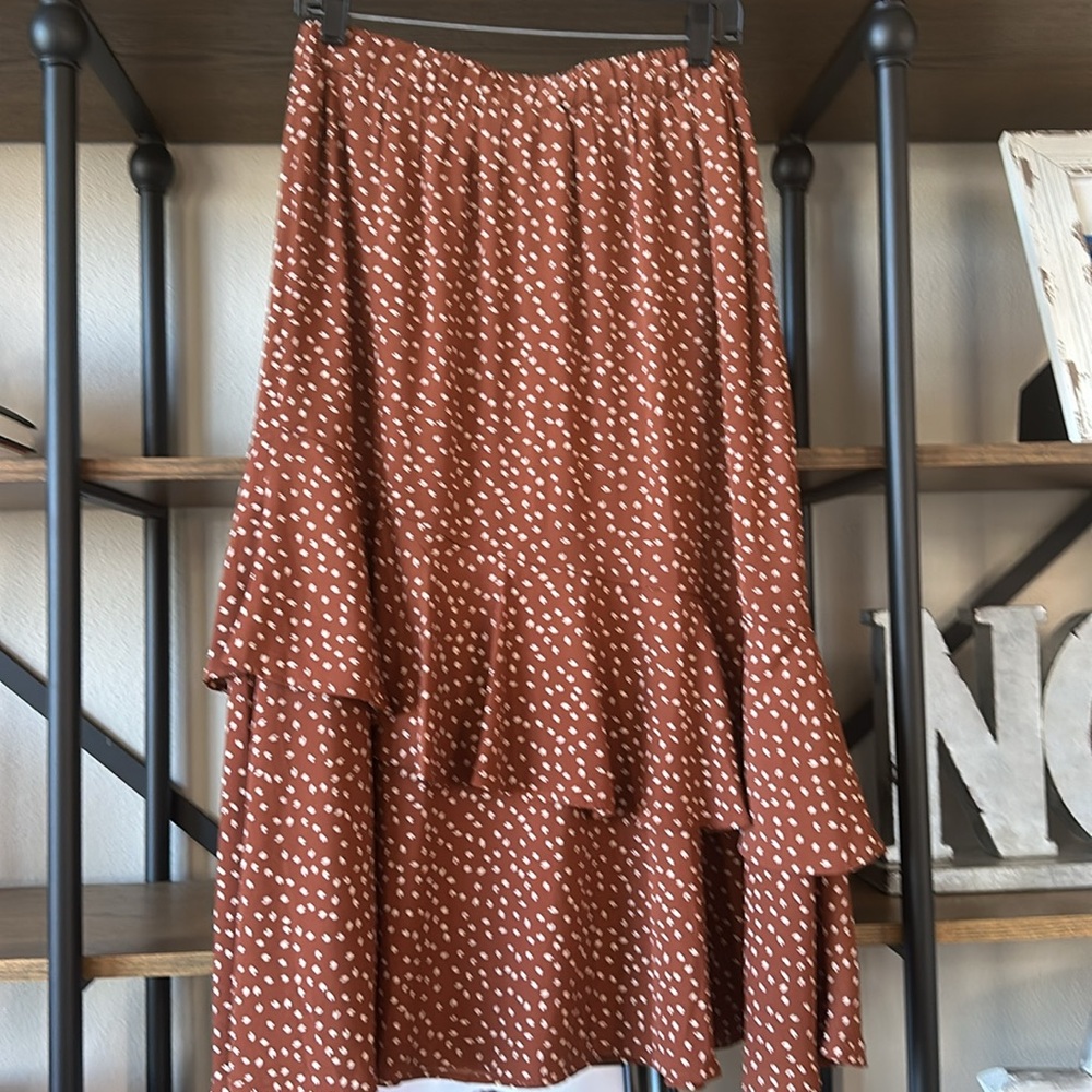 Very J Rust Brown Polka Dot Ruffled Maxi Skirt - Picture 4 of 11
